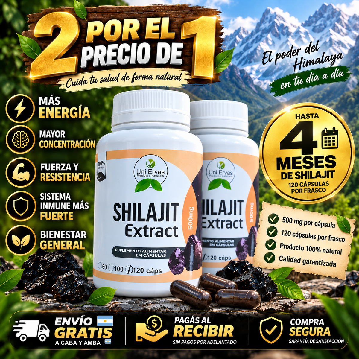 Shilajit Puro 120 cápsulas - envío gratis a CABA y AMBA